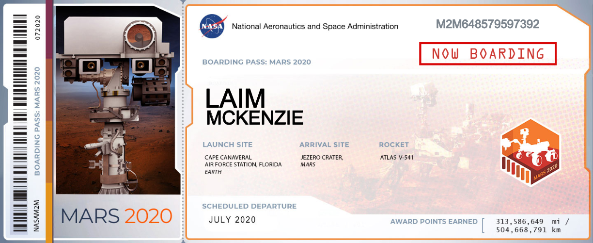 Mars 2020 Boarding Pass