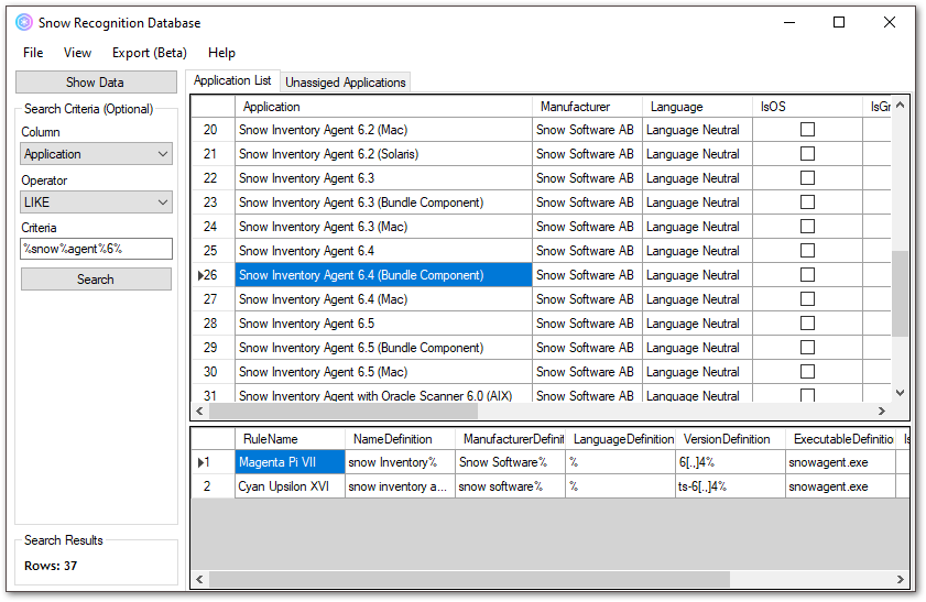 Snow Recognition Database Application View