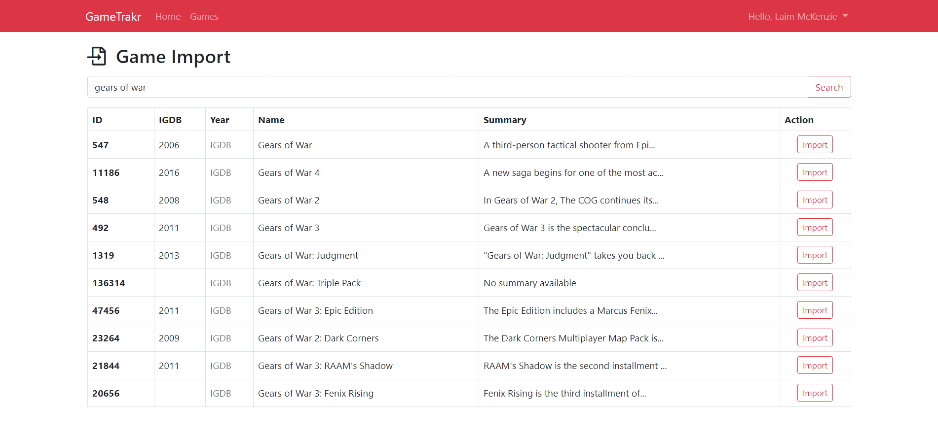 GameTrakr v1 Import View