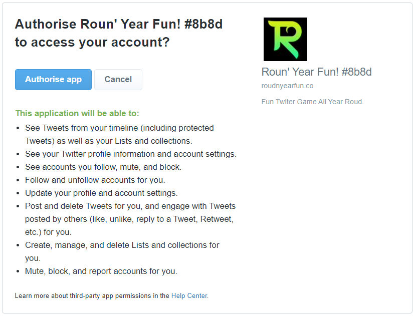 A screenshot trying to authorize roundyearfun on twitter
