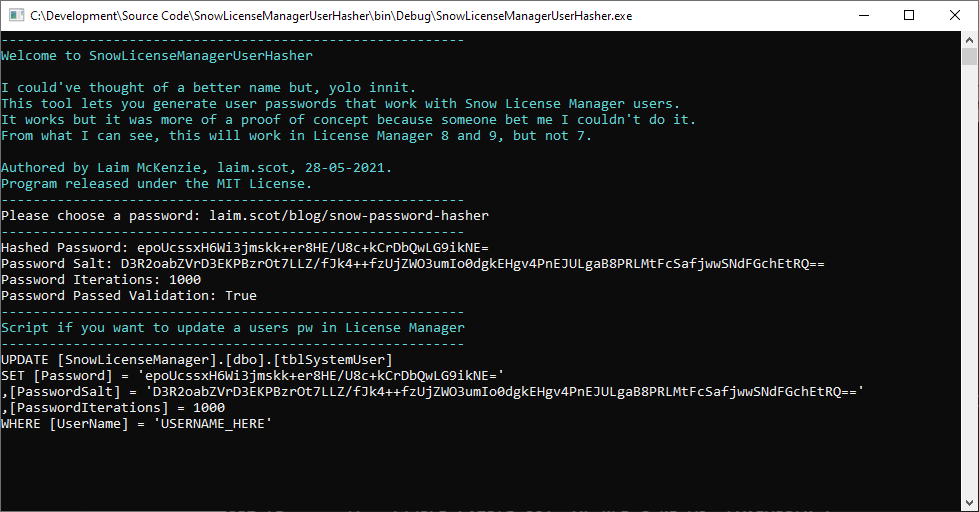 Snow License Manager Password Hasher Console Window