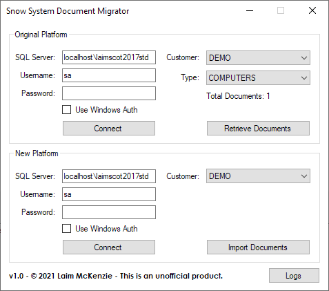 Snow Document Migrator Main View