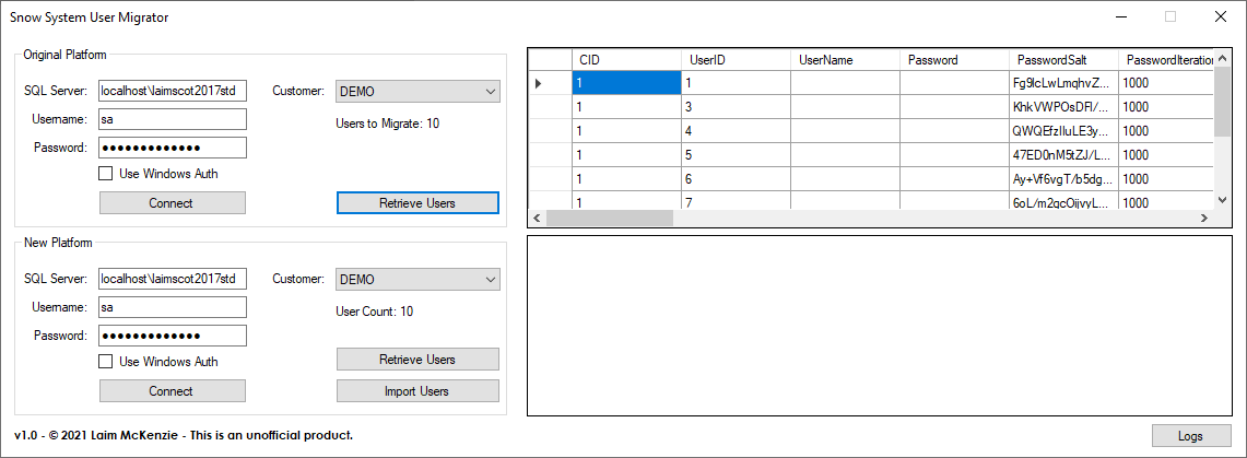 Snow System User Migrator Main View