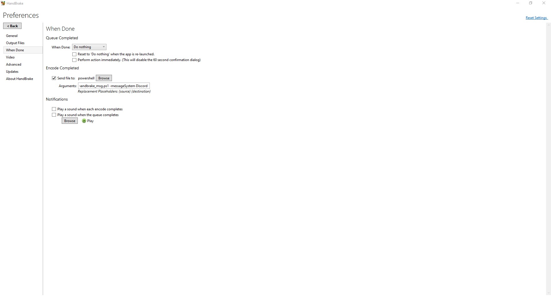 Screenshot of Handbrake Preferences