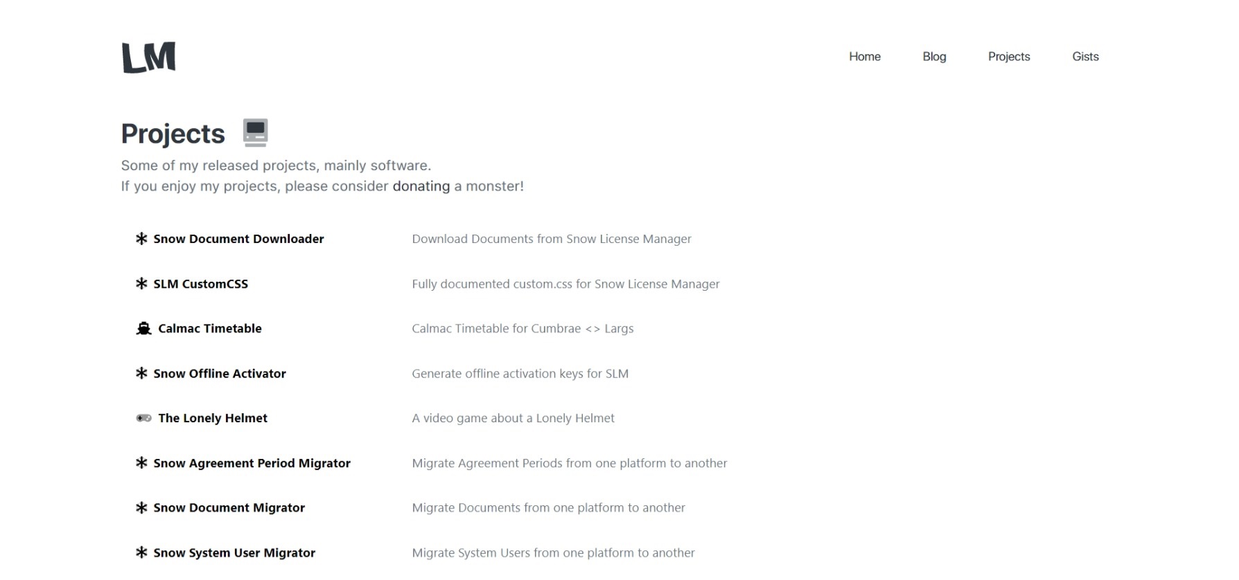 Screenshot of the v1 projects page