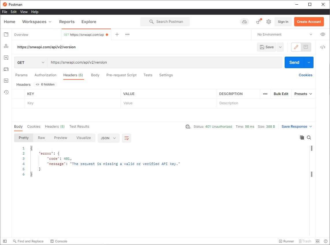 Error response via postman to snwapi.com