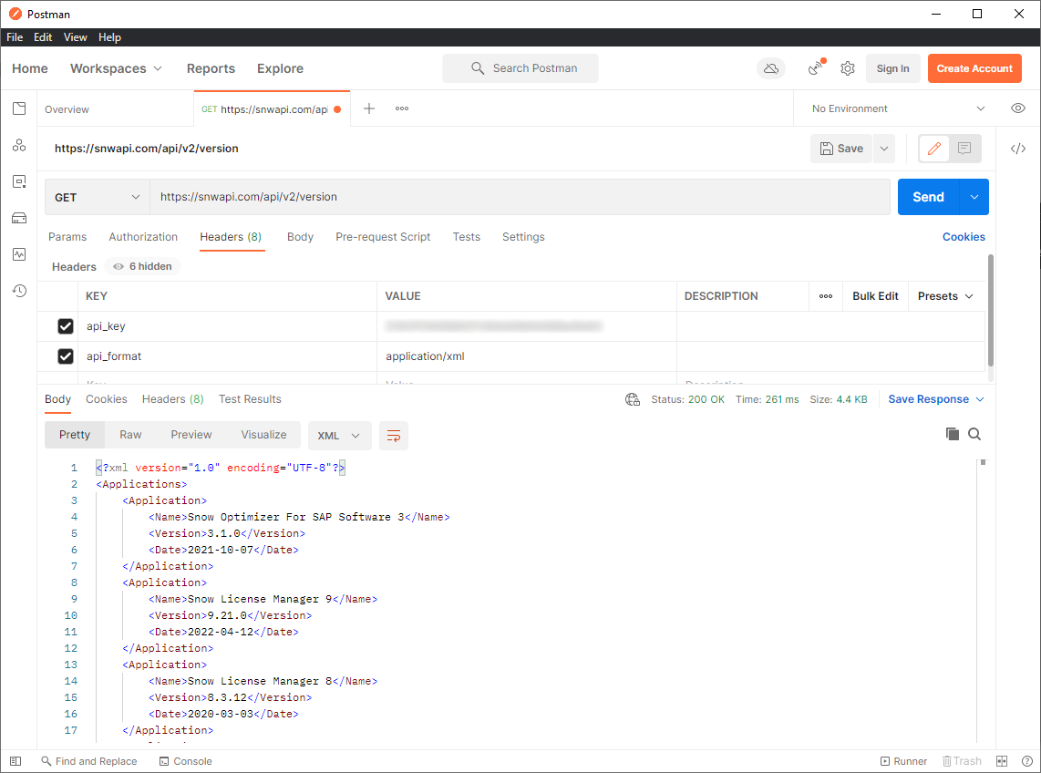 Calling version response via postman to snwapi.com