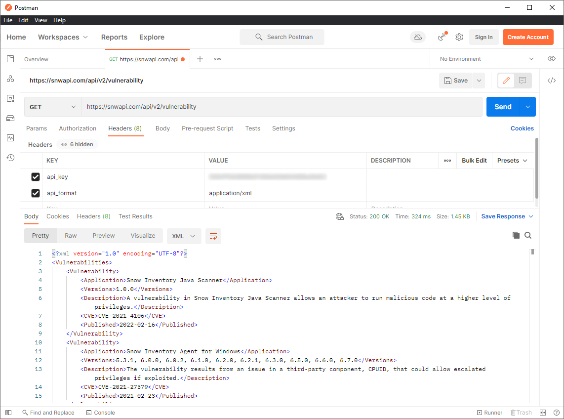 Calling vulnerability response via postman to snwapi.com