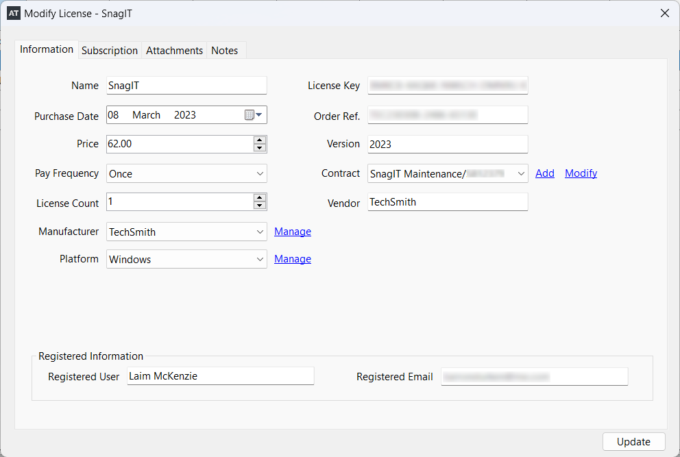 License Modify View