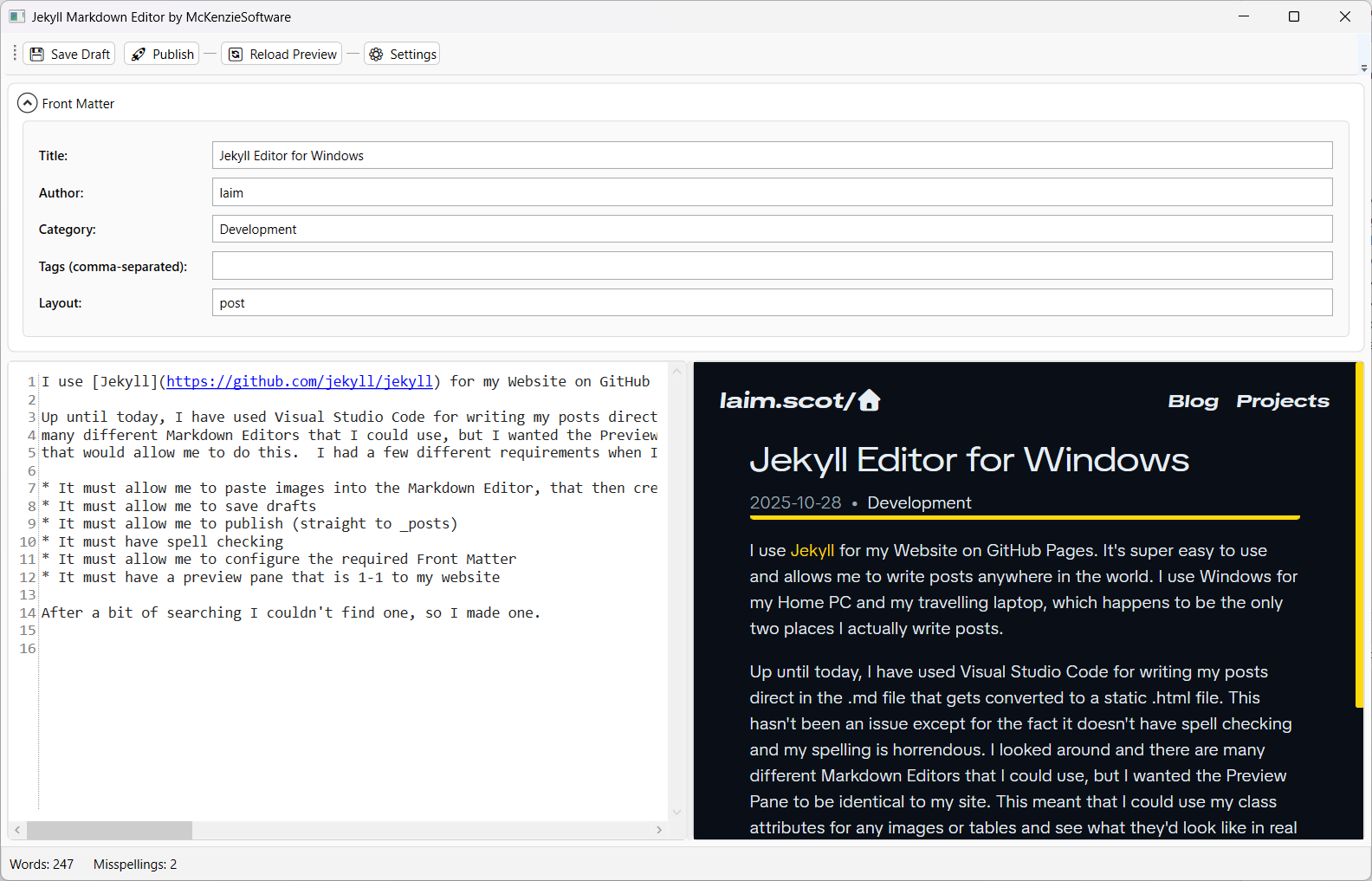 Screenshot of main Jekyll Editor Window