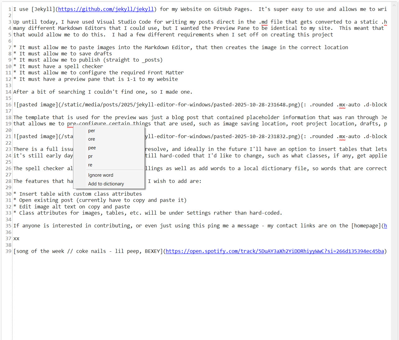 Screenshot of Editor Window showing Spell Checker Context Menu