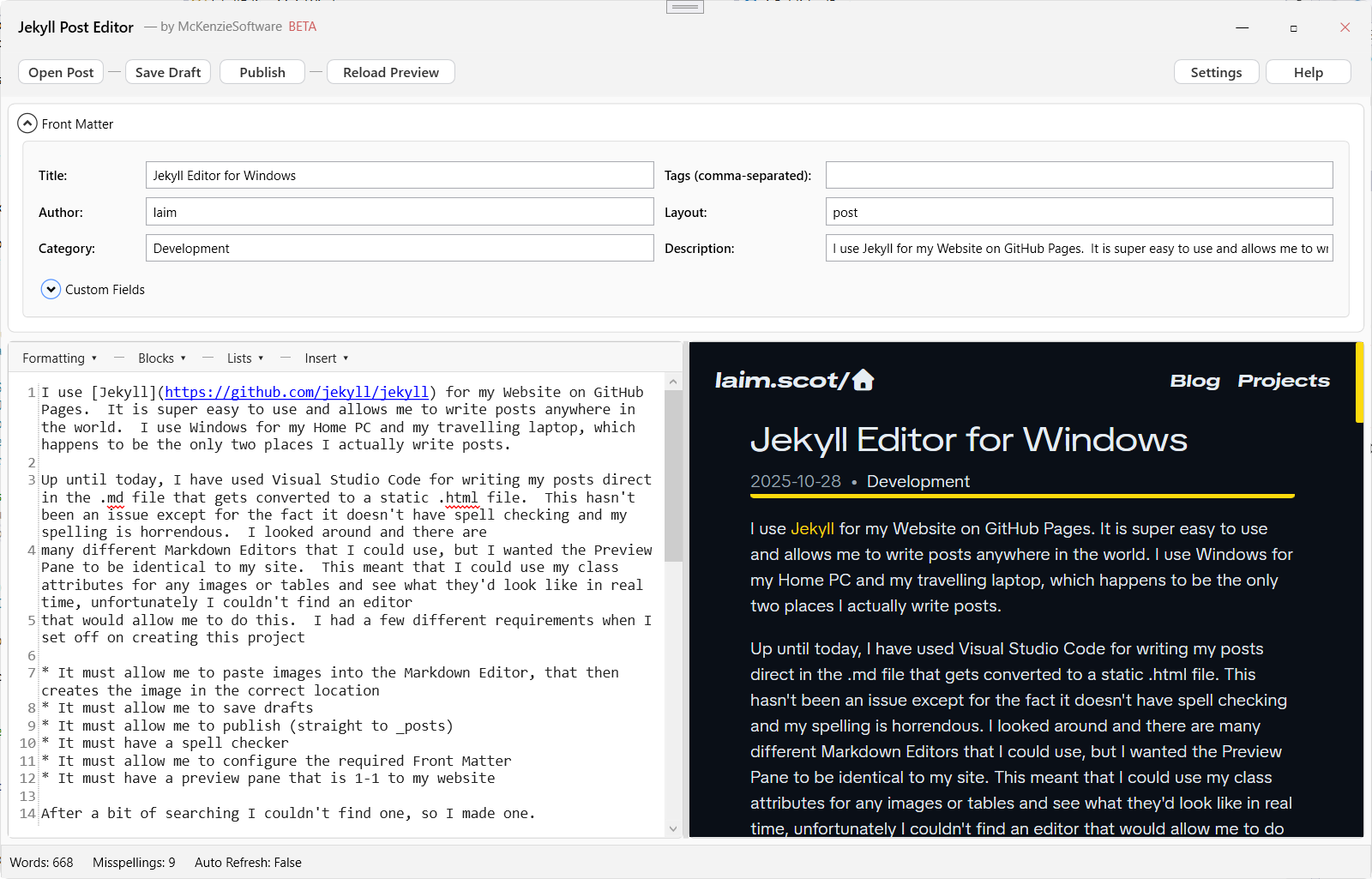 Screenshot of main Jekyll Editor Window