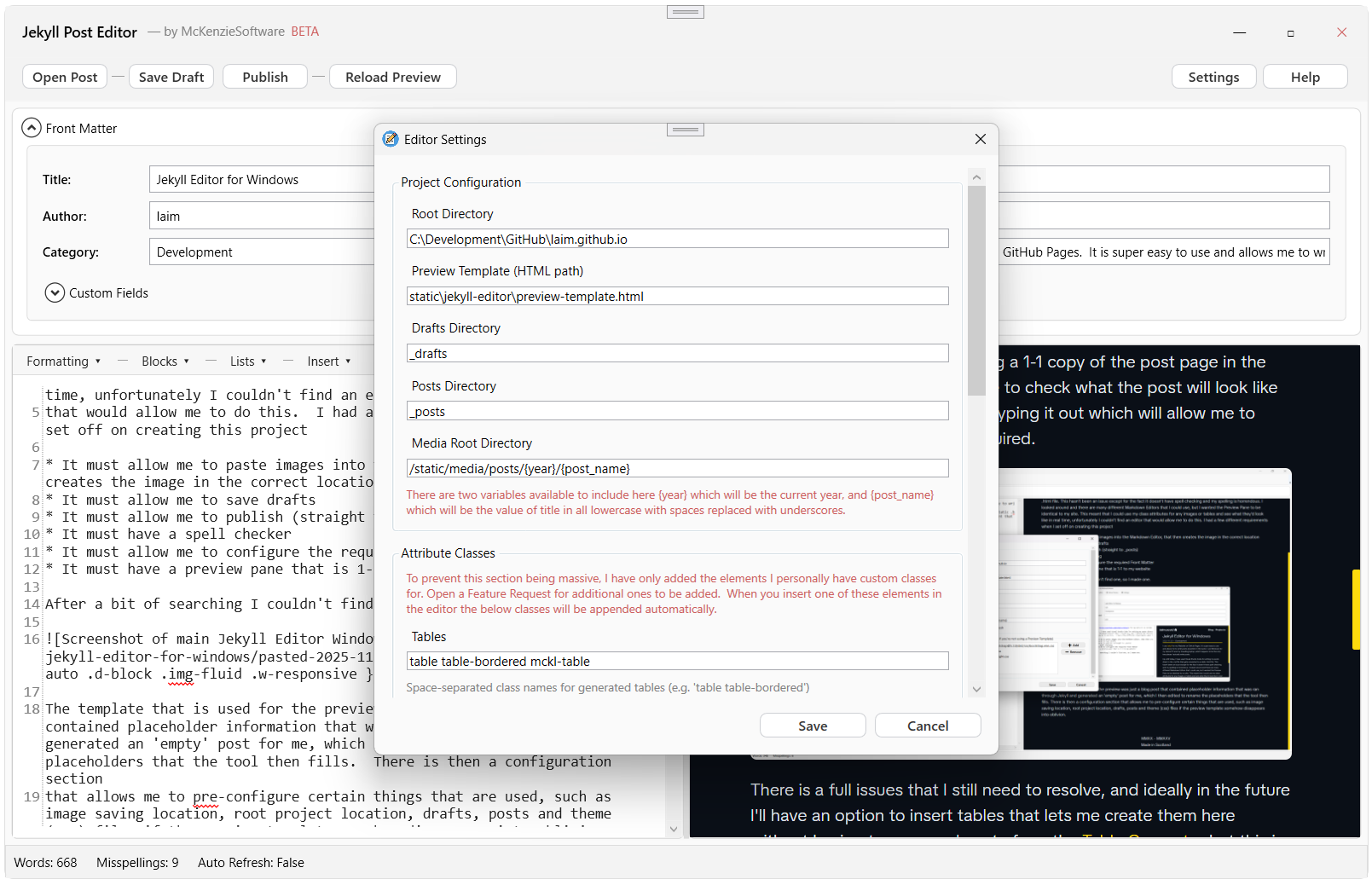 Screenshot of Jekyll Editor Settings Window