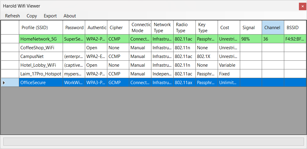 HaroldWifiViewer Screenshot with Demo Data