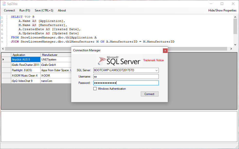Sql2XlsxConnection
